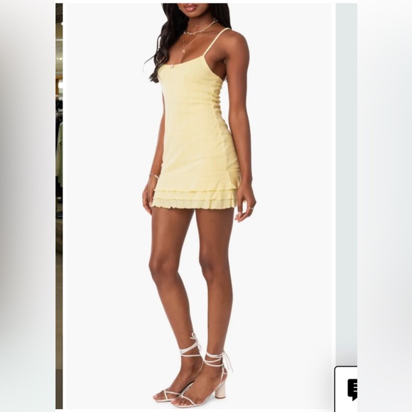 Edikted butter yellow pointelle mini dress stretch M dainty rosette - Picture 2 of 12